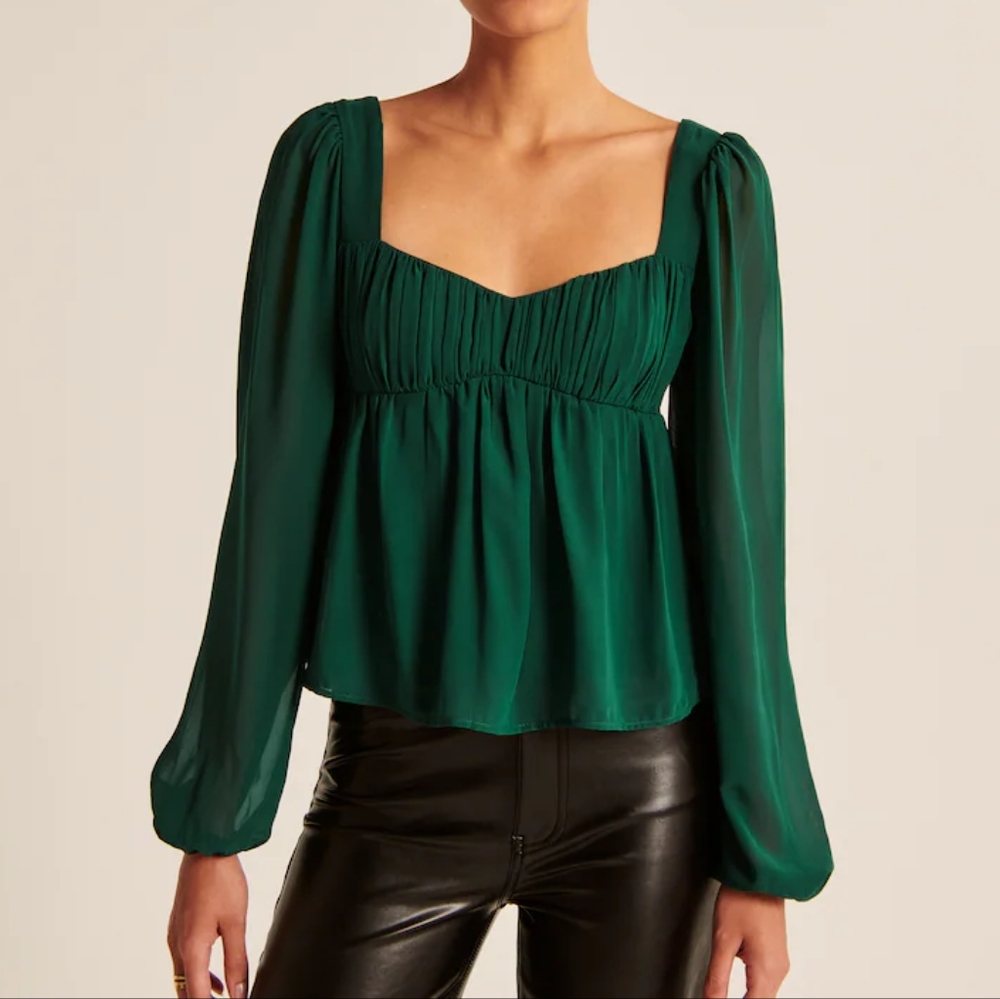 A&F Sheer Puff Sleeve Top, Green (Size M)